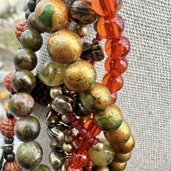 Vintage TRESKA Necklace Gold Tone Orange Amber Boho Multi-strand Charm Beaded - Picture 3 of 6